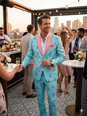 Tipsy Elves Men’s Summer Sunset Sailboat Tropical Blue Party Suit Size 42